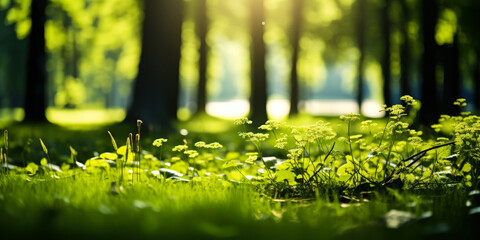 Sunlight Streaming Through Verdant Forest, Unfocused Green Trees and Wild Grass, Serene Summer Spring Natural Park Background