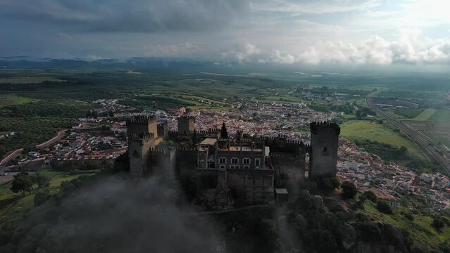 Dramatic view of Almodovar del Rio Castle and town in 4k, Cordoba