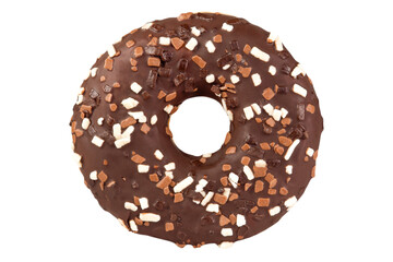 Chocolate donut with cookie crumbs isolated on transparent background.