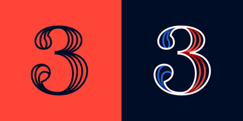 3 logo. Number three sport style icon. Blue and red lines font. Patriotic emblem for Independence Day.