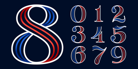 0 to 9 logo. Sport style numbers set. Blue and red lines font. Patriotic emblem for Independence Day.