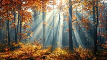 Nature of an autumn forest. Vivid morning in a colorful forest with sun rays through branches of trees. sunlight-filled natural scenery