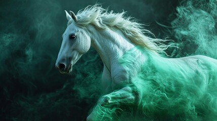 Obraz na płótnie Canvas A cream stallion horse with wings, glowing blue eyes, slowly disintegrating in space after floating in space following a gigantic galatic battle leaving spaceship debris