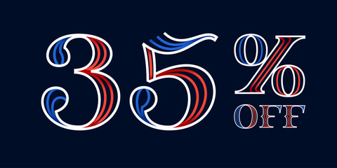 Obraz premium 35% OFF lettering made of blue and red lines. Serif sport style font. Patriotic lettering for Super Sale.