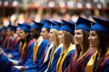 Graduation ceremony with students wearing blue caps and gowns - obrazy, fototapety, plakaty