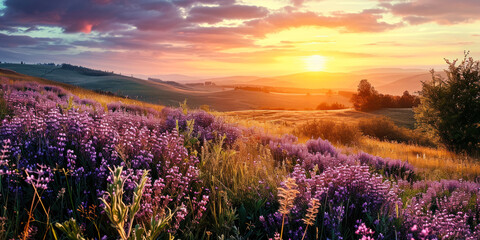 Captivating panoramic sunset over a field of purple wildflowers and grass, with the golden sun casting a vibrant glow on the picturesque landscape