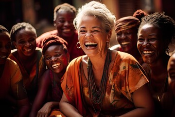 Older woman volunteering laughing people of African ethnicity - obrazy, fototapety, plakaty