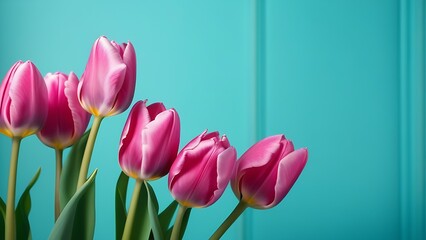 bouquet of pink tulip flowers on a turquoise wall background with free space for text insertion