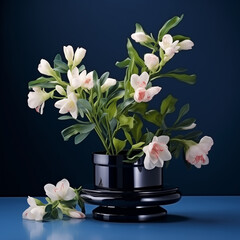 An elegant ikebana arrangement of white petals in a black vase adds a touch of beauty and tranquility to the indoor space