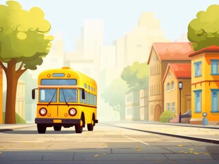 Yellow School Bus Driving Down Street, Back to school theme illustration