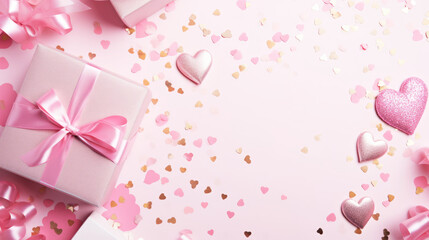 Pink greeting card mockup with gift boxes and hearts. Flat lay, top view