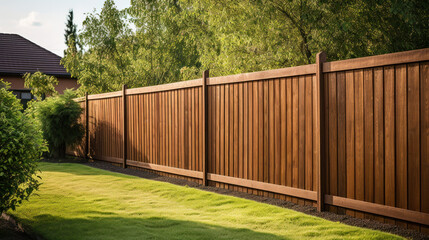 Nice wooden fence around house. Wooden fence with green lawn. - obrazy, fototapety, plakaty