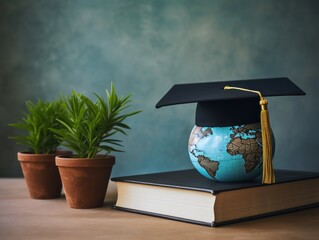 Graduation Cap on globe and book - Symbol of Academic Achievement and Success, Back to school theme. Copy space.