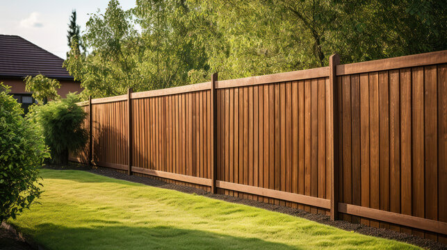 Nice wooden fence around house. Wooden fence with green lawn.