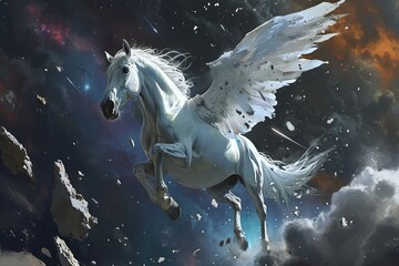 Obraz na płótnie Canvas A cream stallion horse with wings, glowing blue eyes, slowly disintegrating in space after floating in space following a gigantic galatic battle leaving spaceship debris