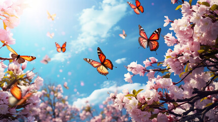 The first butterflies fluttering over a clearing with spring flowers.