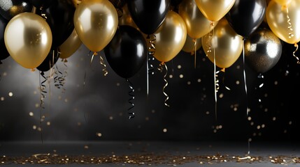 Golden and black metallic balloons with confetti and ribbons on blurred background for celebrations