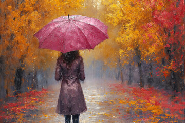 Obraz premium Young woman with red umbrella in the rain. in autumn
