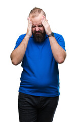 Young caucasian hipster man wearing blue shirt over isolated background with hand on head for pain in head because stress. Suffering migraine.