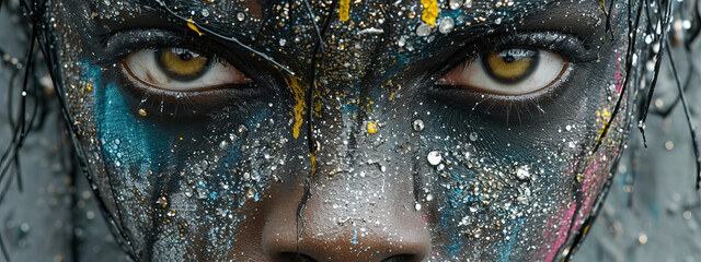 Vibrant and Expressive, An Intricate Close-Up of a Womans Face Transformed by Artistic Paint