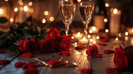 Romantic ambience with roses champagne and hearts