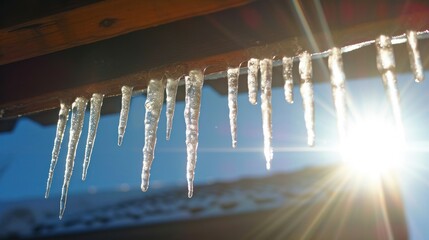 View of the sun reflecting off of icicles that are suspended from a roof 