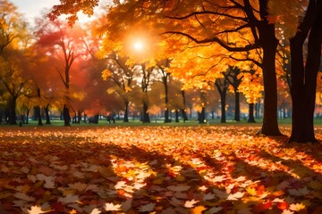autumn in the forest, Autumn background with falling leaves at landscape of city park with colorful trees at sunset light with bokeh, panoramic banner