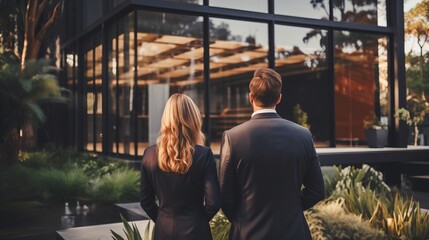 Young couple standing in front of their new modern luxury villa   real estate business concept - obrazy, fototapety, plakaty