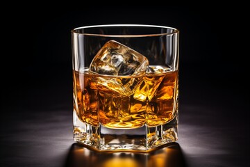 Whisky glass with golden liquor on black background, ideal for text placement and messaging