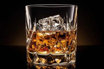 Elegant whisky glass isolated on a stylish black background with ample copy space for text placement