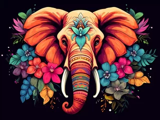 Foto op Aluminium illustration of a colorful elephant with a flower crown on its head. generative ai © KBL Sungkid