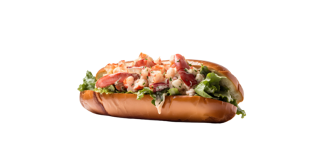 close up view of fresh and delicious lobster roll bread garnish with tomato, salad leaves, beet root with PNG background