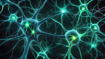 Neuron cells with glowing link knots. Neuron cells sending electro chemical signals. Generative AI - obrazy, fototapety, plakaty