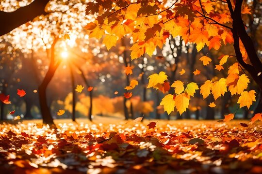 autumn leaves in the park, Autumn background with falling leaves at landscape of city park with colorful trees at sunset light with bokeh, panoramic banner