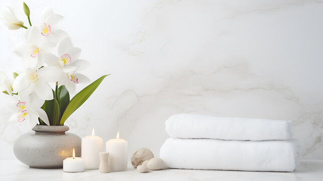 Light Spa background with copy space for text. On a background of white marble lie white towels, aroma candles and kami for a relaxing massage and white archaea. copy space.