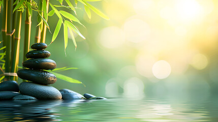 A calm zen natural backdrop with a balance of rocks, bamboo foliage and calm water and sunlight. Mental health and yoga and relaxation concept. copy space.