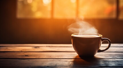 Steaming cup of freshly brewed coffee on table with blurred background and copy space