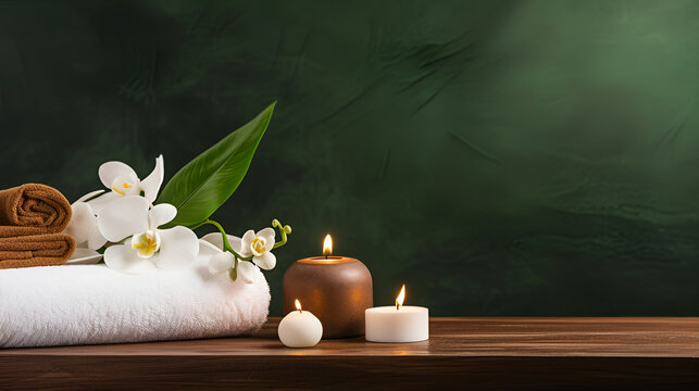 Luxury spa concept with serene setting, lots of candles, white orchids and fluffy towels, stone massage and aromatherapy on green background with space for text.