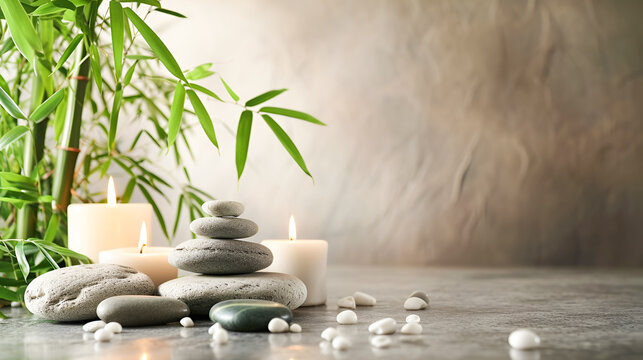 Zen spa background with candles and massage stones with bamboo branches in the rays of the setting sun. relaxing background with copy space.