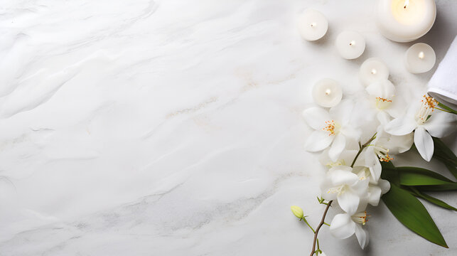 A minimalist luxury spa resort concept filled with light, accented by white orchids and candlelight, with ample space for advertising text on the white marble surface. top view.