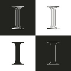 Luxury wedding I letter logo. Elegant classic serif font made of thin parallel lines. Decorative vintage emblem for Super Sale. VIP calligraphy for luxury Victorian invitation, lingerie, jewelry card.