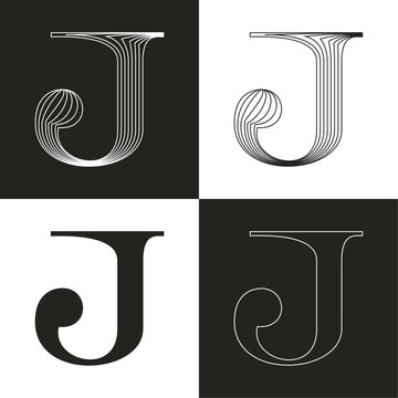 Luxury wedding J letter logo. Elegant classic serif font made of thin parallel lines. Decorative vintage emblem for Super Sale. VIP calligraphy for luxury Victorian invitation, lingerie, jewelry card.