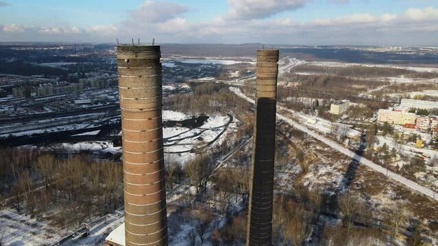 Big Chimneys, Thermal Power Plant Szombierki, Industrial, Winter Landscape Of Bytom, Poland. Aerial View.
