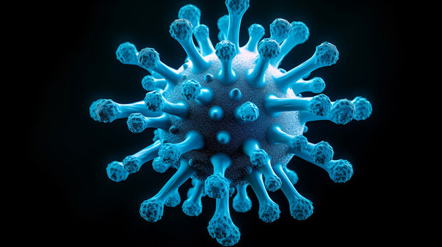 Blue hiv virus with spikes isolated on black background with copy space. Herpis virus, geratitis, medical laboratory research, Microbiology and virology.