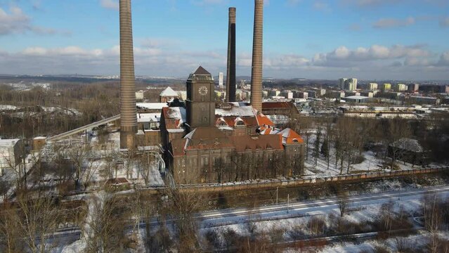 Thermal Power Plant Szombierki, Industrial, Winter Landscape Of Bytom, Poland. Aerial View.