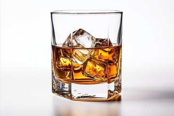 Whisky glass with golden liquid on white background and copy space for text placement