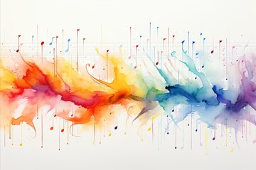 Vibrant multicolored abstract musical background with flying neural network music notes on white