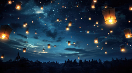 A large group of chinese flying lanterns. Chinese lanterns in the night sky