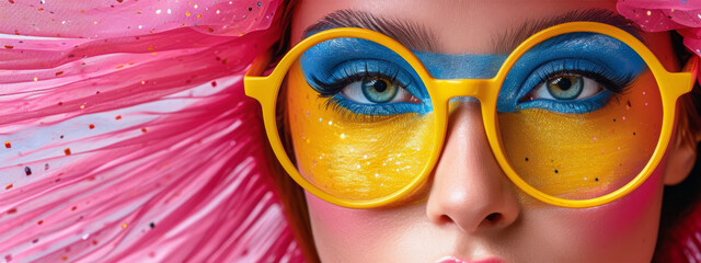 Vibrant Elegance, A Mesmerizing Close-Up of a Woman Adorned With Yellow and Blue Eyeliners