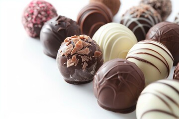 An isolated white background showcases a close-up of luxurious chocolate truffles, expertly arranged in a studio setting. The macro shot highlights the glossy exterior and indulgent textures.